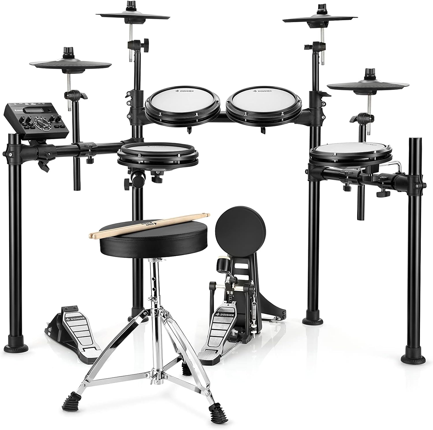 Donner DED-200 Electronic Drum Set, Electric Kit with Quiet Mesh Pads, 2 Cymbals w/Choke, 31 Kits and 450+ Sounds, Throne, Headphones, Sticks, USB MIDI, Melodics Lessons (5 4 Cymbals)