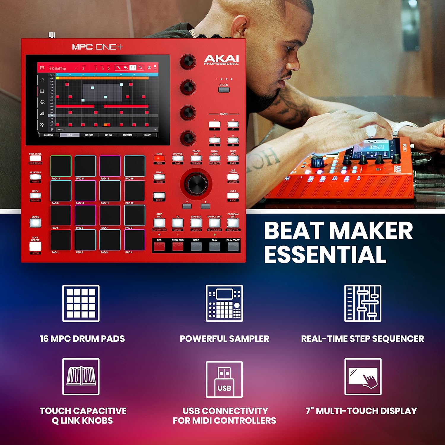 AKAI Professional MPC One+ Standalone Drum Machine, Beat Maker and MIDI Controller with WiFi, Bluetooth, Drum Pads, Synth Plug-ins and Touchscreen